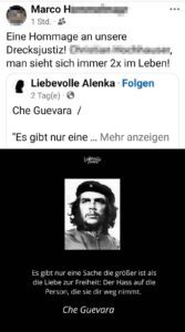 Marco H. droht einem namentlich genannten Richter: "Eine Hommage an unsere Drecksjustiz! XXX YYY, man sieht sich immer 2x im Leben!" und Sujet: "Es gibt nur eine Sache die größer ist als die Liebe zur Freiheit: Der Hass auf die Person, die sie dir weg nimmt. Che Guevara" (Screenshot FB 25.11.25)