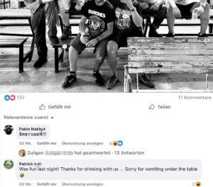"Flotzi" (Florian Z.) und Patrick B. in Bangkok: "Thanks for drinking with us ... Sorry for vomiting under the table" (Screenshot FB 27.3.25)