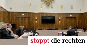 Im Grazer Schwurgerichtssaal: Die beiden Gutachter (Vordergrund), dahinter Verteidiger und Staatsanwalt; Martin Pfeiffer (rechts) vor Prozessstart (© SdR)
