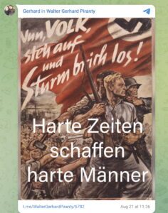 Piranty mit Goebbels-Zitat und Titelblatt einer NS-Propagandabroschüre auf Telegram (21.8.25)