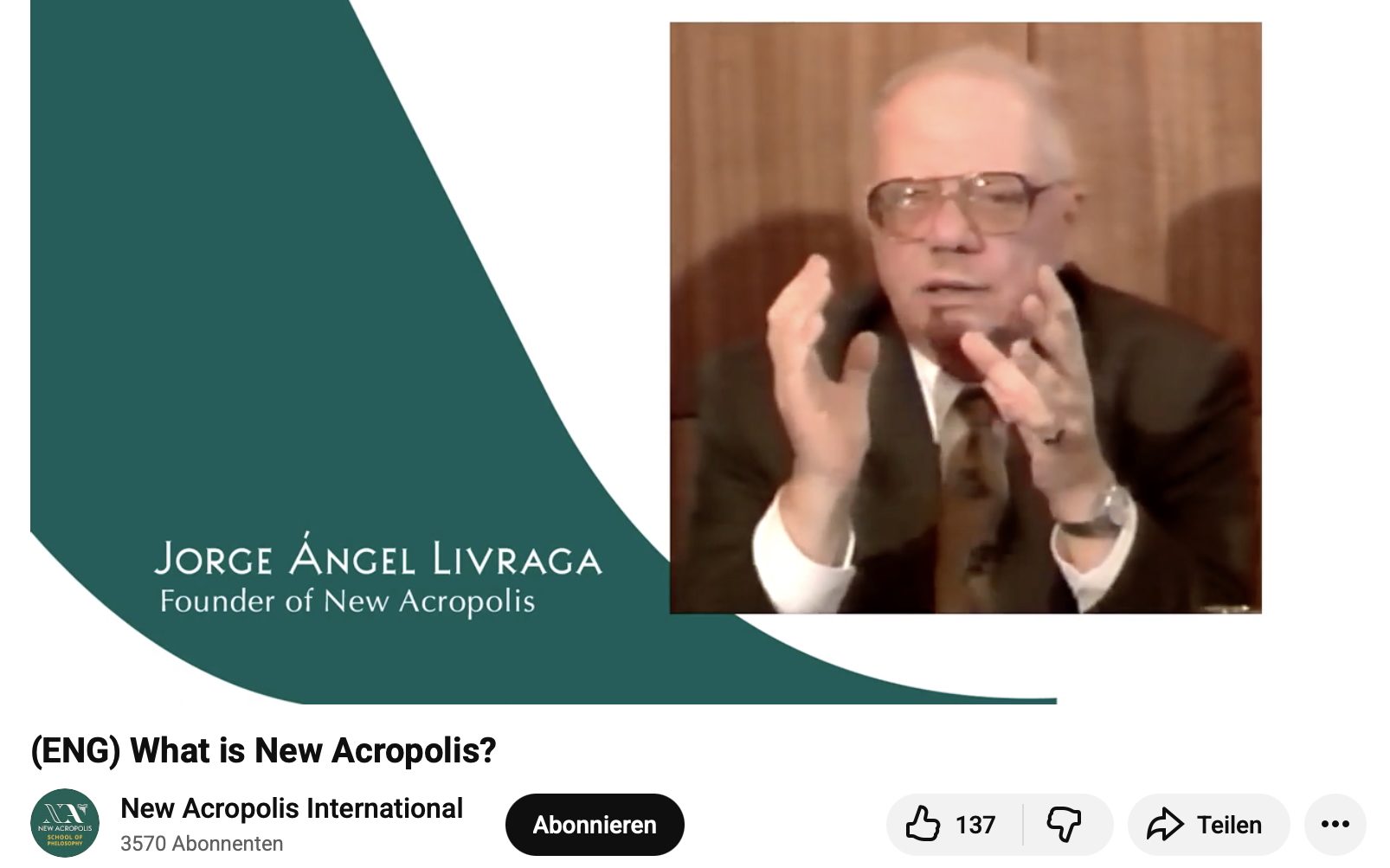 Propagandafilm "What is New Acropolis?" (Was ist "Neue Akropolis?") mit dem Gründer Jorge Ángel Livraga (Screenshot YT 10.4.22)