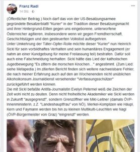 Der Neonazi Franz Radl auf Facebook über Heinrich Sickl: "vorbildhaftes Verhalten und sein humanitäres Engagement (er nahm an einer Kundgebung für meine Freilassung teil)" (FB 2018)
