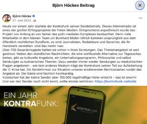 Björn Höcke empfiehlt "Kontrafunk" als "eines der großen Erfolgsprojekte der freien Medien" (Screenshot FB 21.6.23)