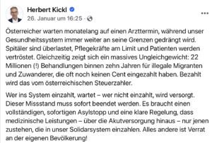 Herbert Kickl hetzt mit Fake-Zahlen (Screenshot FB 26.1.26)
