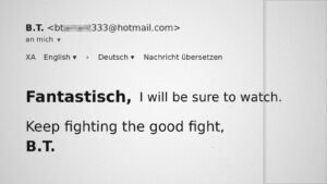 Mail von Brenton T. an Sellner: "Keep fighting the good fight" (10.1.18; Abkürzung "B.T." von SdR)