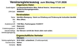 Vereinsregisterauszug "Identitäre Bewegung", Obmann Martin Sellner (Stand 17.1.26)