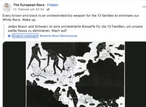 The European Race: "Every brown and black is an orchestrated bio weapon for the 13 families to eliminate our White Race. Wake up." (Screenshot FB 12.2.26)