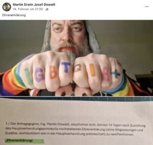 Ehrenerklärung Martin Dowalil auf Facebook mit LGBTQIA+-Outfit (screenshot FB 16.2.26)