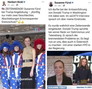 FPÖ-NR-Abg. Susanne Fürst bei Trumps Inauguration. Herbert Kickl und Fürst jubeln: "Zeitenwende" (Screenshots FB 21./22.1.25)