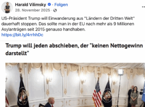 Harald Vilimsky fordert für die EU die Vorganfsweise von Trump: "Trump will jeden abschieben, der "keinen Nettogewinn darstellt" (Screenshot FB 28.11.25)