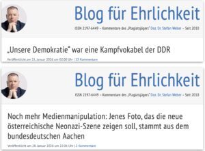 Stefan Weber auf seinem Blog: "Unsere Demokratie" als linkes "Kampfvokabel" und Springerstiefel-Illustration als "Medienmanipulation" (Screenshot 21./28.1.26)