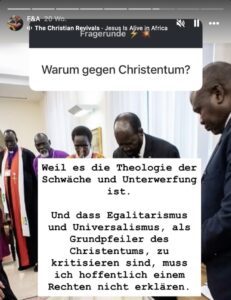 Christoph Albert: gegen das Christentum: "Theologie der Schwäche", "Egalitarismus und Universalismus als Grundpfeiler" (Screenshot Insta 24.10.25)