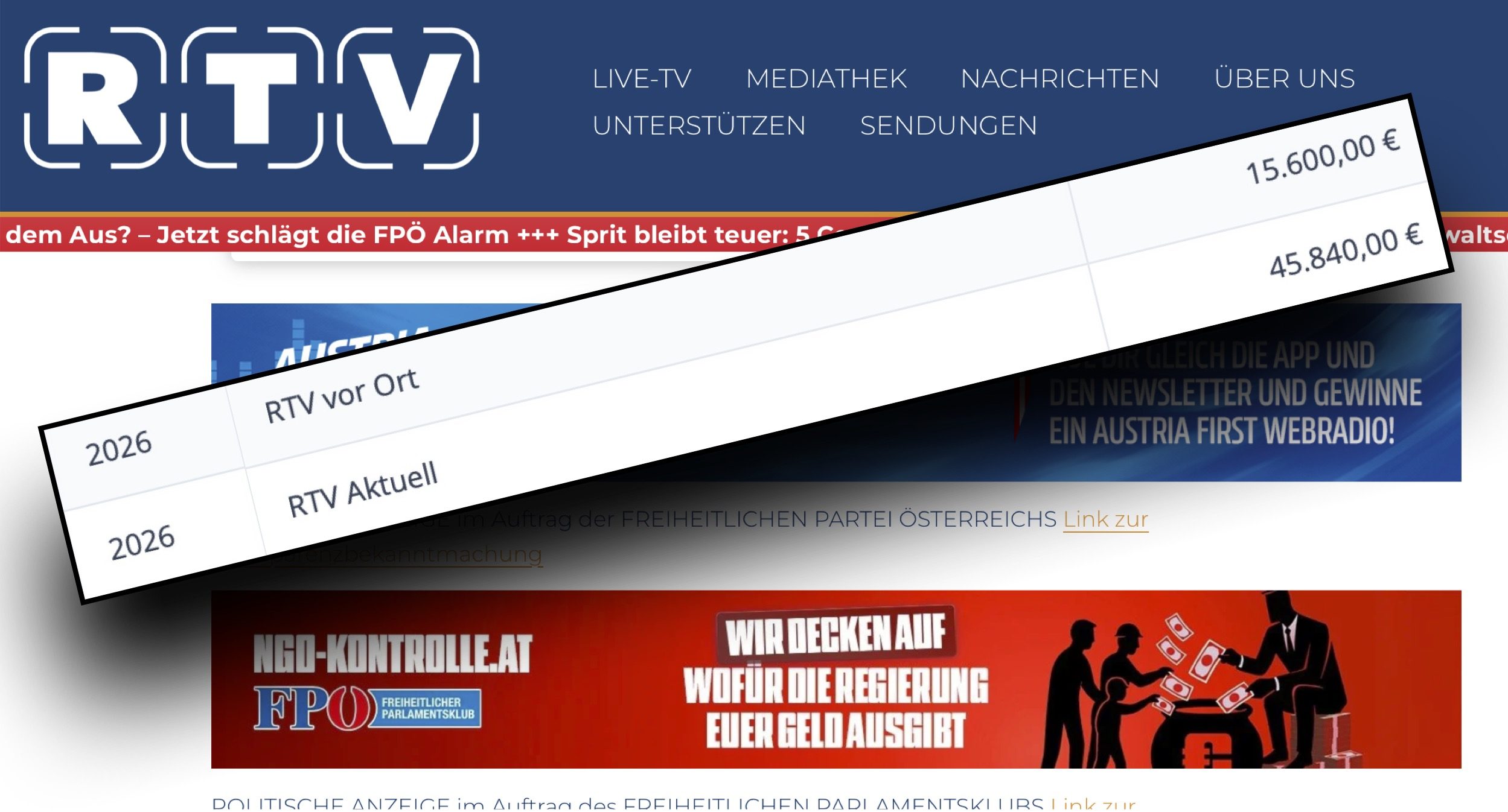 RTV als staatlich geförderter FPÖ-Belangsender: 61.440 € im Jahr 2026