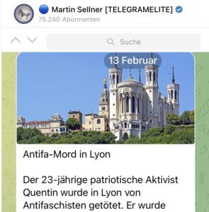 Sellner vermeldet "Mord" einen Tag vor Deranques Tod - mit Foto der Basilika Notre-Dame de Fourvière, als Beginn der Sakralisierung (Screenshot TG 13.2.26)