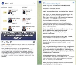 AUF1 zur Ungarn-Wahl: zuerst knappes Ergebnis, dann "globalistische Transformation": "Besuchen Sie noch Budapest - in wenigen Jahren könnte es ähnlich zersetzt wie Berlin oder Wien sein. Es ist traurig. Und ein Weckruf." (Screenshots Insta und TG 12.4.26)
