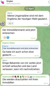 Telegram-Chat "Auswandern Ungarn" Singles-Gruppe: geplatzte Träume, Immobilienmarkt wird einbrechen (Screenshots TG 12./13.4.26)