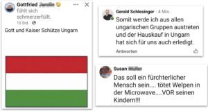 "Gott und Kaiser Schütze Ungarn", "Somit werde ich aus allen ungarischen Gruppen austreten und der Hauskauf in Ungarn hat sich für uns auch erledigt.", "Das soll ein fürchterlicher Mensch sein.... tötet Welpen in der Microwave....VOR seinen Kindern!!!" (Screenshots FB 12./13.4.26)