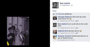 "Raul Jaubein" alias Julian Bauer auf Facebook mit Kommentar Markovics: "Wer wohl der echte Julian Bauer ist?"