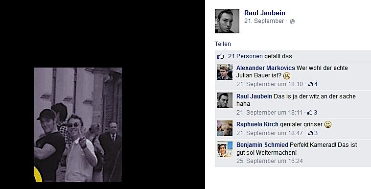 "Raul Jaubein" alias Julian Bauer auf Facebook mit Kommentar Markovics: "Wer wohl der echte Julian Bauer ist?"