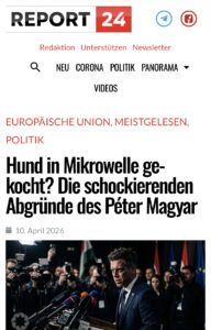 Report24: "Hund in Mikrowelle gekocht? Die schockierenden Abgründe des Péter Magyar" mit KI-generiertem Foto von einem dämonisch aussehenden Magyar (10.4.26)