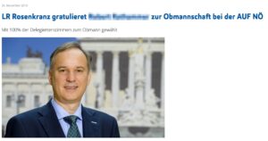 Barbara Rosenkranz gratuliert R. zur Obmannschaft bei der AUF NÖ (2010) - im Bild (der FPÖ) ist fälschlicherweise Walter Rosenkranz zu sehen, der dann R. aber 2014 gratuliert hat.