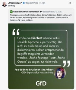 Weber rettweetet GfD zum "Eierfest" und kommmnetiert mit "Wichtig!" (Screenshot X 3.4.26)