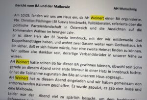 Roland Weinert, Alter Herr der Gothia Wien (vor der Fusion), organisierte einen burschenschaftlichen Abend: "Bericht vom BA und der Maibowle AH XXX Am 10.05. fanden wir uns am Haus ein, da AH Weinert einen BA organisierte. Vbr. XXX (B! Suevia Innsbruck), YYY, referierte über die politische Parteienlandschaft in Österreich und die Aussichten auf die kommenden Wahlen im heurigen Jahr. Er ist Alter Herr der B! Suevia Innsbruck, mit der wir mittlerweile drei Doppelbandträger haben, und wohnt zwei Gassen weiter vom Gothenhaus. Ich bin sicher, daß er sich freuen würde, hier eine zweite Heimat finden zu können. Wir sollten also dankbar sein, derartige Verbandsbrüder in unserer Nähe zu wissen. AH Weinert hatte seinen Bb für diesen BA gewinnen können, obwohl sein Sohn gerade an diesem Abend seine erste Mensur in einer Hatz in Innsbruck fochte. Er hat die Teilnahme zugunsten des BAs an unserem Haus abgesagt… AH Weinert hat zu diesem Abend eingeladen und wir haben gemeinsam den entsprechenden Rahmen geschaffen. Es wurde geputzt, es gab eine Jause und eine Maibowle. Leider war der Abend viel zu spärlich besucht ..."