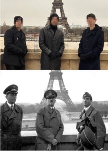 K. (Mitte) vor dem Pariser Eiffelturm 2024; darunter Albert Speer, Adolf Hitler und Arno Breker am 23.6.1940 (Foto oben Screenshot Insta 12.24; Foto unten: Wikimedia Commons, National Archives and Records Service)