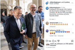 AfD-Landtagsfraktion im steirischen Landhaus: "Mit der FPÖ unterwegs – Geschichte, Architektur & Politik hautnah erlebt!" – Rechts im blauen Sakko: Andreas Jurca (Screenshot Insta 17.10.25)