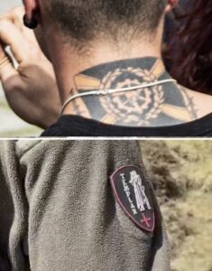 Oben: K. mit Iron March-Tattoo am Nacken (Foto: Presseservice Wien 2023); unten: K. mit "Templar-Patch" bei Wanderung Freiheitliche Jugend (Screenshot Insta 2026)