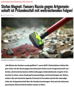 Magnet über den "Kulturverein" Artgemeinschaft: "wie brutal das System mittlerweile gegen Andersdenkende vorgeht" (Screenshot Report24, 8.10.23)