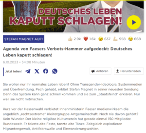 Magnet zum Verbot der neonazistischen "Artgemeinschaft": "Deutsches Leben kaputt schlagen!" (Screenshot AUF1, 6.10.23)
