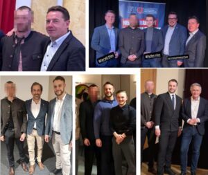 Freiheitliche "Familienfotos". Oben: K. mit Erwin Angerer (Facebook RFJ 2025), K. mit Thau, Hyden, Steiner, Angerer (Instagram 2026); unten: K. mit Ragger, Erdesz (Instagram 2026), K. mit Erdesz, Markus Di Bernardo (Instagram 2026), K. mit Erdesz und Peter Westenthaler (Instagram 2026)