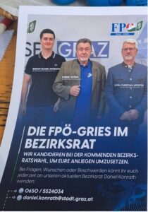 Die drei erstgereihten Kandidaten der FPÖ Gries: Daniel Konrath, Bezirksparteiobmann-Stellv.; Robert Spörk, Bezirksparteiobmann; Liviu-Cristian Apostol, Bezirksparteiobmann-Stellv. (Screenshot FB Robert Spörk)