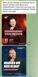Kubitschek in Wien: "Wien, ab Donnerstag: bis Sonntag Tag für Tag ein Vortrag. Zwei davon sind (halb)öffentlich. Freue mich auf Leser und Abonnenten und habe ein bißchen "Weiße Nacht" mit dabei." (Screenshot TG 8.6.26)