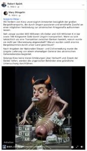 Robert Spörk gegen "Kiew" (Screenshot FB 6.3.26)"Szijjártó Péter : Wir fordern von Kiew unverzüglich Antworten bezüglich der großen Bargeldtransporte, die durch Ungarn passieren und ernsthafte Zweifel an einer möglichen Verbindung zur ukrainischen Kriegsmafia aufkommen lassen. Seit Januar wurden 900 Millionen US-Dollar und 420 Millionen € in bar sowie 146 Kilogramm Gold durch Ungarn transportiert. Wenn es sich tatsächlich um eine Transaktion zwischen Banken handelt, warum wurde sie nicht per Überweisung abgewickelt? Warum wurden solch enorme Bargeldsummen durch unser Land geschleust? Nach Angaben der Nationalen Steuer- und Zollverwaltung wurde die jüngste Lieferung von einem ehemaligen General des ukrainischen Geheimdienstes begleitet. Solange Kiew keine klaren Erklärungen über Herkunft und Zweck der Gelder liefert, werden die ungarischen Behörden eine gründliche Untersuchung durchführen."