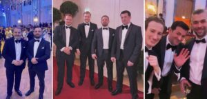 Noah Krieger (Murad Dadaev) am FPÖ-Akademikerball 2026: v.l.n.r.: mit Leo Lugner; Andreas König, unbekannt, Noah Krieger, Ibragim Madarov; Alexander Pecka, Ibragim Madarov, Irfan Peci (Screenshots Noah Krieger Insta)