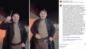 Noah Krieger mit Wehrmachtsdolch und Pistole: "Wir Deutschen fürchten Gott, aber sonst nichts auf dieser Welt! Genau solche standhaften, charakterfesten und kampferprobten Männer brauche ich in unserem • Krieger-Bataillon 4 Gemeinsam werden wir Schulter an Schulter kämpfen, für unser deutsches Vaterland und für das deutsche Volk. Wer mich kennt, der weiß genau, was für ein entschlossener Charakter ich bin. Ich mache keine leeren Versprechungen, wie es die Regierung in Berlin tut. Ich stehe aufrecht und bekenne mich mit hundertprozentiger Loyalität zu meinem geliebten Vaterland. Wer noch Ehre und Stolz in sich trägt, der erhebe sich! Unsere Zeit ist gekommen. Wir werden es nicht länger hinnehmen, dass uns unsere Regierung hintergeht und unsere Steuergelder in die Ukraine schickt. Wir werden dieses Geld zurückfordern und in den Aufbau unseres Landes investieren. Heute wende ich mich an Russland, um die Möglichkeit zu prüfen, ob wir den Mut aufbringen, uns von Amerika endgültig loszusagen. Denn unser Land ist fremdbestimmt, wir sind nicht die Herren in unseren eigenen Städten. Jeder scheint tun und lassen zu können, was er will. Doch ich will ein starkes, wehrhaftes und freies Deutschland sehen! Möge Gott und das deutsche Volk mit uns sein. Wenn der Krieg in der Ukraine beendet ist, werden wir nach Deutschland marschieren, um unser Land zu befreien. Stellt euch vor: 300 deutsche Männer in voller Ausrüstung vor dem Reichstag, dann werden die da oben sich in die Hosen machen und schleunigst nach Amerika abhauen. Wir kämpfen nicht um Geld, wir kämpfen für Deutschland, für Freiheit und für wahre Unabhängigkeit. Allein Russland als verlässlicher Geschäftspartner würde uns vollkommen ausreichen. Auf dass wir siegen, für die Ehre Deutschlands! #Deutschland E #Russland = #NoahWolfKrieger #?????????????? #?????????" (Screenshot Insta 16.7.6)