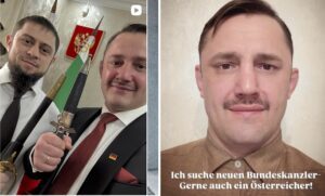 Links: Krieger mit Wehrmachtsdolch und dem tschetschnischen Informationsminister Achmed Dudaev; rechts: Krieger im Hitler-Look auf Bundeskanzlersuche (Screenshot li. 23.3.26, re. 7.4.26 Insta)