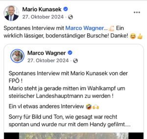 Kunasek: "Spontanes Interview mit Marco Wagner... Ein wirklich lässiger, bodenständiger Bursche! Danke!" (Screenshot FB 27.10.24)