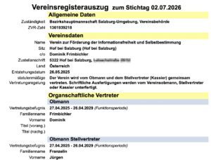 Vereinsregisterauszug "Verein zur Förderung der Informationsfreiheit und Selbstbestimmung" mit Dominik Frimbichler (Obmann) und Jürgen Franzelin (Obmannstellvertreter)