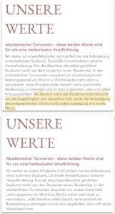 Die WATV-Werte am 18.4.26 (oben) und am 13.7.26 (unten). Der Passus wurde gestrichen: "Als deutsch-nationale Studentenverbindung ist uns die Zugehörigkeit zum deutschen Volk, sowie die Verteidigung des entsprechenden Volkstums Grundvoraussetzung und innere Pflicht." (Screenshots Website WATV)