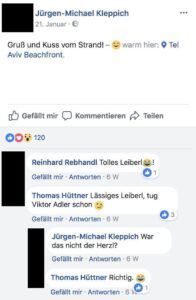 Kleppich mit identitärem T-Shirt und "Gruß und Kuss vom Strand" in Tel Aviv (Screenshot FB)