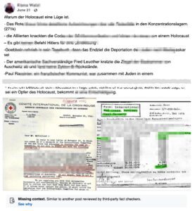 Holocaustleugnung bei Frau W. (Screenshot FB 21.6.25; Verpixelung SdR)