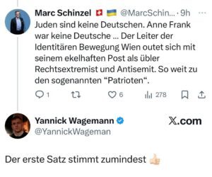 Ex-IB-Sprecher Yannick Wagemann auf X zu "Juden sind keine Deutschen": "Der erste Satz stimmt zumindest" (Screenshot X 17.9.25)