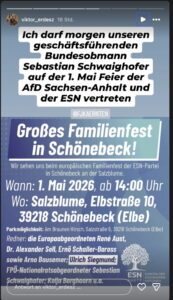 Erdesz beim AfD-Fest in Schönebeck/Sachsen-Anhalt: "Ich darf morgen unseren geschäftsführenden Bundesobmann Sebastian Schwaighofer auf der 1. Mai Feier der AfD Sachsen-Anhalt und der ESN vertreten" (Screenshot Insta 30.4.26)