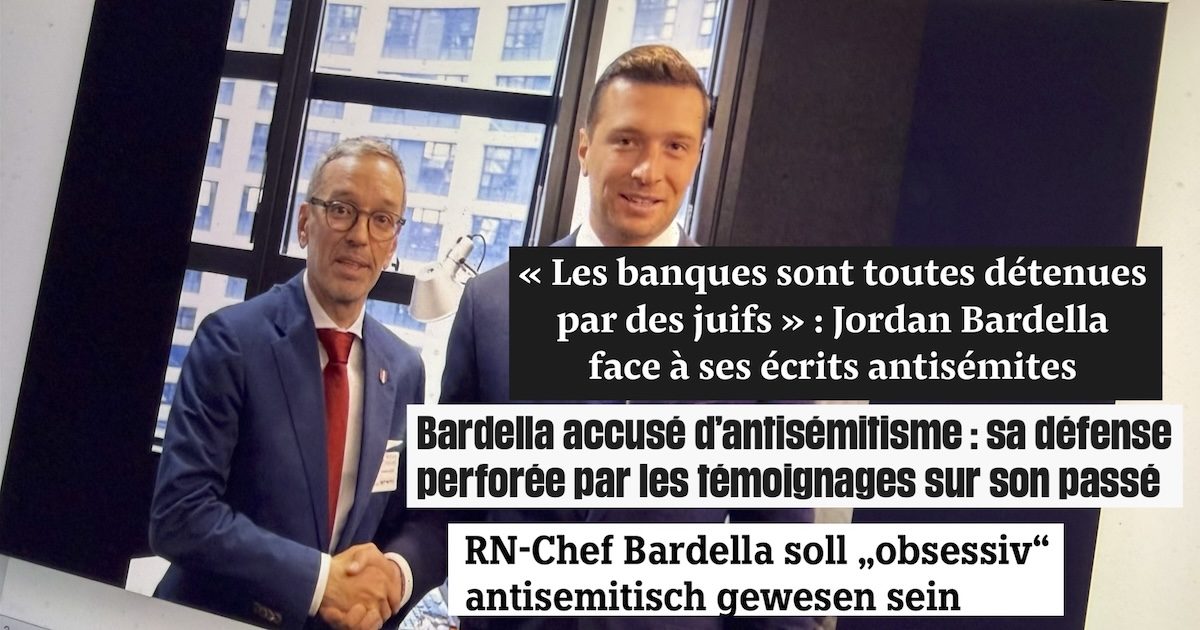 Kickl und Bardella in Straßburg am 16.9.26 (Foto FB Herbert Kickl; Zeitungstitel Mediapart (Les banques sont toutes détenues par des juifs »: Jordan Bardella face à ses écrits antisémites), Libération (Bardella accusé d'antisémitisme: sa défense perforée par les témoignages sur son passé), taz (RN-Chef Bardella soll „obsessiv" antisemitisch gewesen sein))
