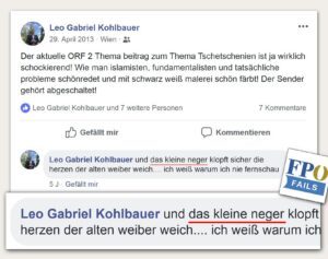 Leo Lugner (damals noch Kohlbauer) mit üblem Rassismus: "und das kleine neger klopft sicher die herzen der alten weiber weich.... ich weiß warum ich nie fernschau" (Screenshot FPÖ Fails 29.4.13)