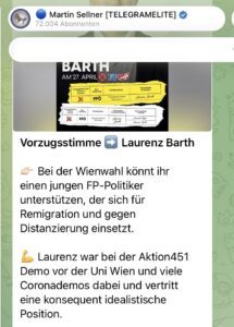 Martin Sellners Wahlempfehlung für Laurenz Barth: "Vorzugsstimme ?? Laurenz Barth ?? Bei der Wienwahl könnt ihr einen jungen FP-Politiker unterstützen, der sich für Remigration und gegen Distanzierung einsetzt. ? Laurenz war bei der Aktion451 Demo vor der Uni Wien und viele Coronademos dabei und vertritt eine konsequent idealistische Position." (Screenshot TG 24.4.25)