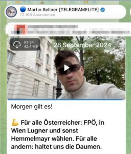 Sellner unterstützte Leo Lugner und Silvio Hemmelmayr bei der NR-Wahl 2024 (Screenshot TG, 28.9.24)